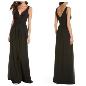Lulus ruched v-neck chiffon black A-line maxi gown dress